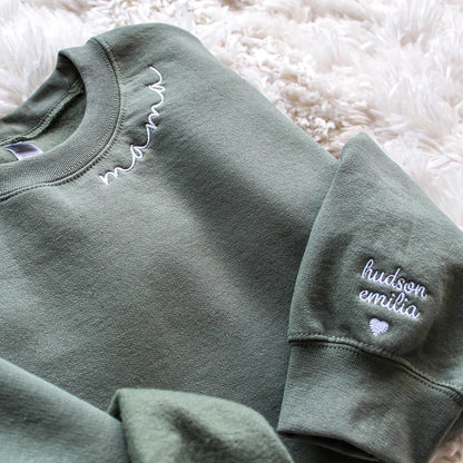 Embroidered Mama Sweatshirt with Kids Names on Sleeve Gift for Mom Mother's Day Birthday Gifts