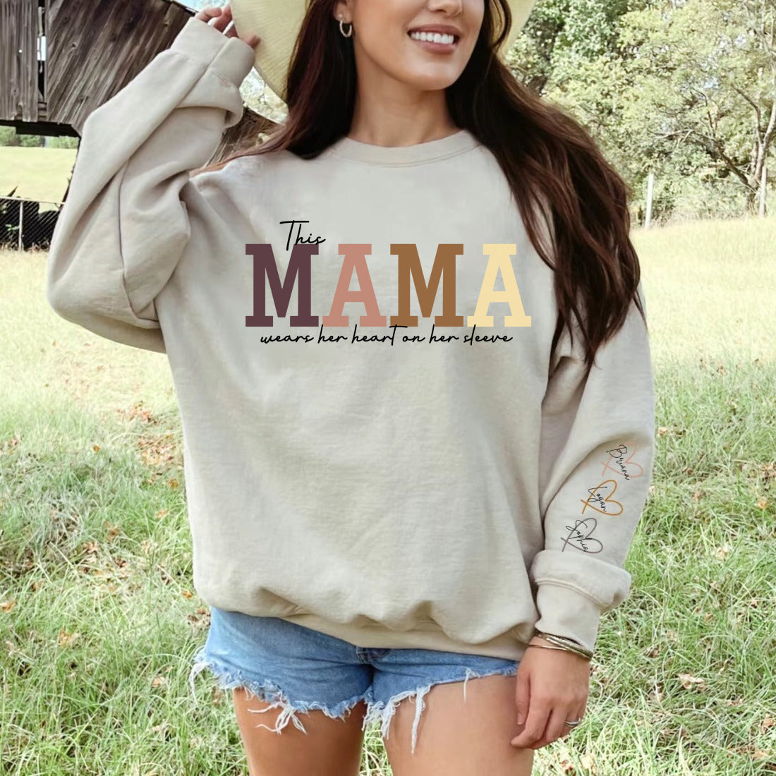 Personalized Wear Heart On Sleeve Mama Sweatshirt with Kid Names on Sleeves Mother's Day Birthday Gift