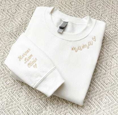 Embroidered Mama Sweatshirt with Kids Names on Sleeve Gift for Mom Mother's Day Birthday Gifts