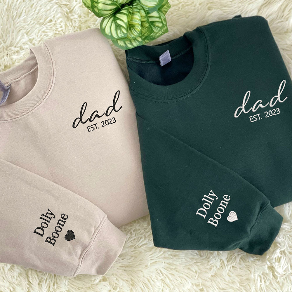 Personalized Embroidered Dad Est Hoodie with Kid's Names on Sleeve for Father's Day