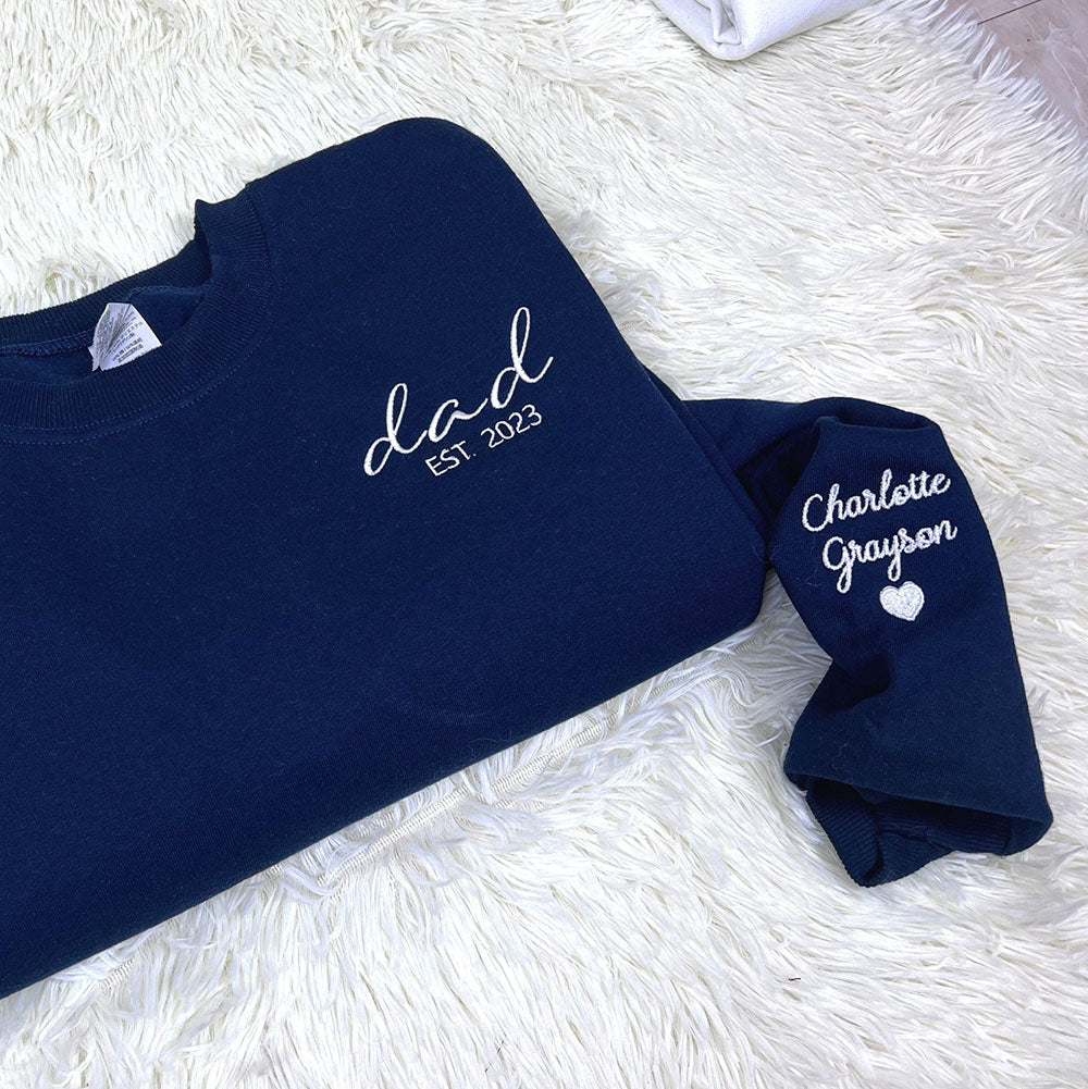 Personalized Embroidered Dad Est Hoodie with Kid's Names on Sleeve for Father's Day