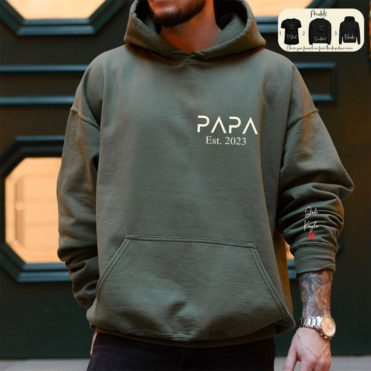 Personalized PAPA EST Sweatshirt Hoodie with Kid's Names On Sleeve Father's Day Gift