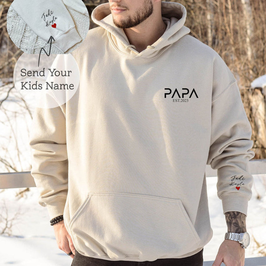 Personalized PAPA EST Hoodie with Kid's Names On Sleeve Father's Day Gift