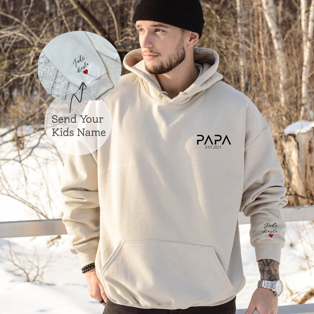 Personalized DAD EST Sweatshirt Hoodie with Kid's Names On Sleeve Father's Day Gift