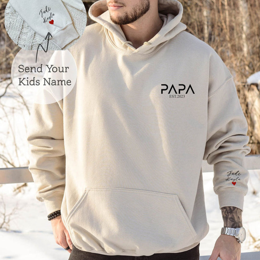 Personalized PAPA EST Hoodie with Kid's Names On Sleeve Father's Day Gift