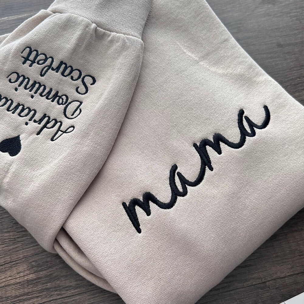 Embroidered Mama Sweatshirt with Kids Names on Sleeve Gift for Mom Mother's Day Birthday Gifts