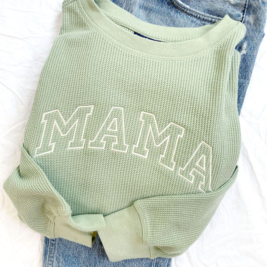 Embroidered Waffle Knit Mama Crewneck Sweatshirt with Kid Names on Sleeve