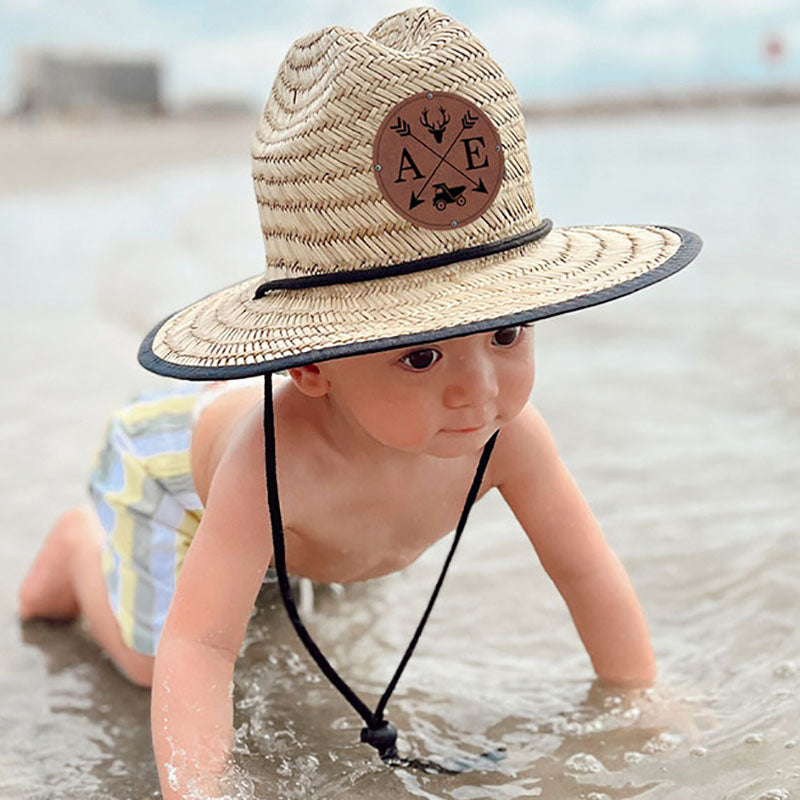 Personalized Leather Name Patch Straw Hat Sun Hat With Initials and Symbols Gift for Toddler Child Adult