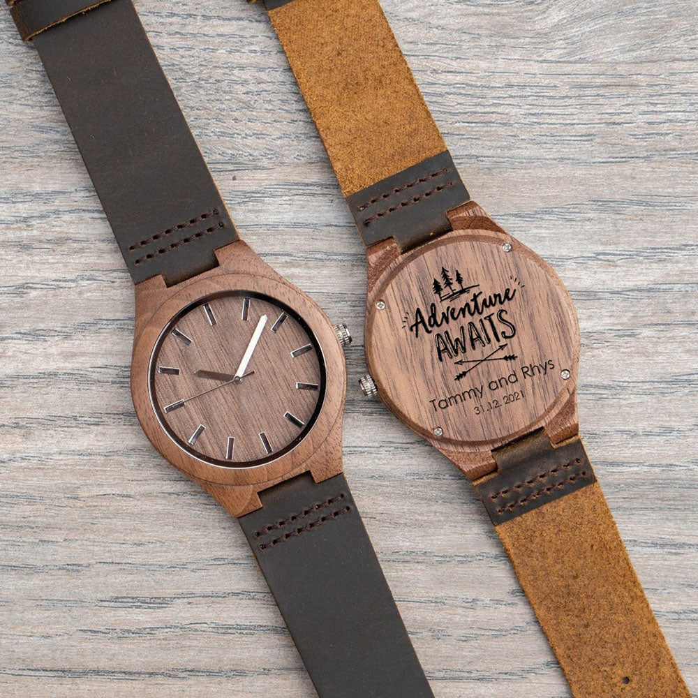 Personalized Adventure Awaits Men's Engraved Wooden Anniversary Watch Valentine's Day Gifts From Wife