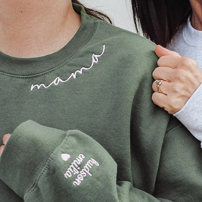 Embroidered Mama Sweatshirt with Kids Names on Sleeve Gift for Mom Mother's Day Birthday Gifts