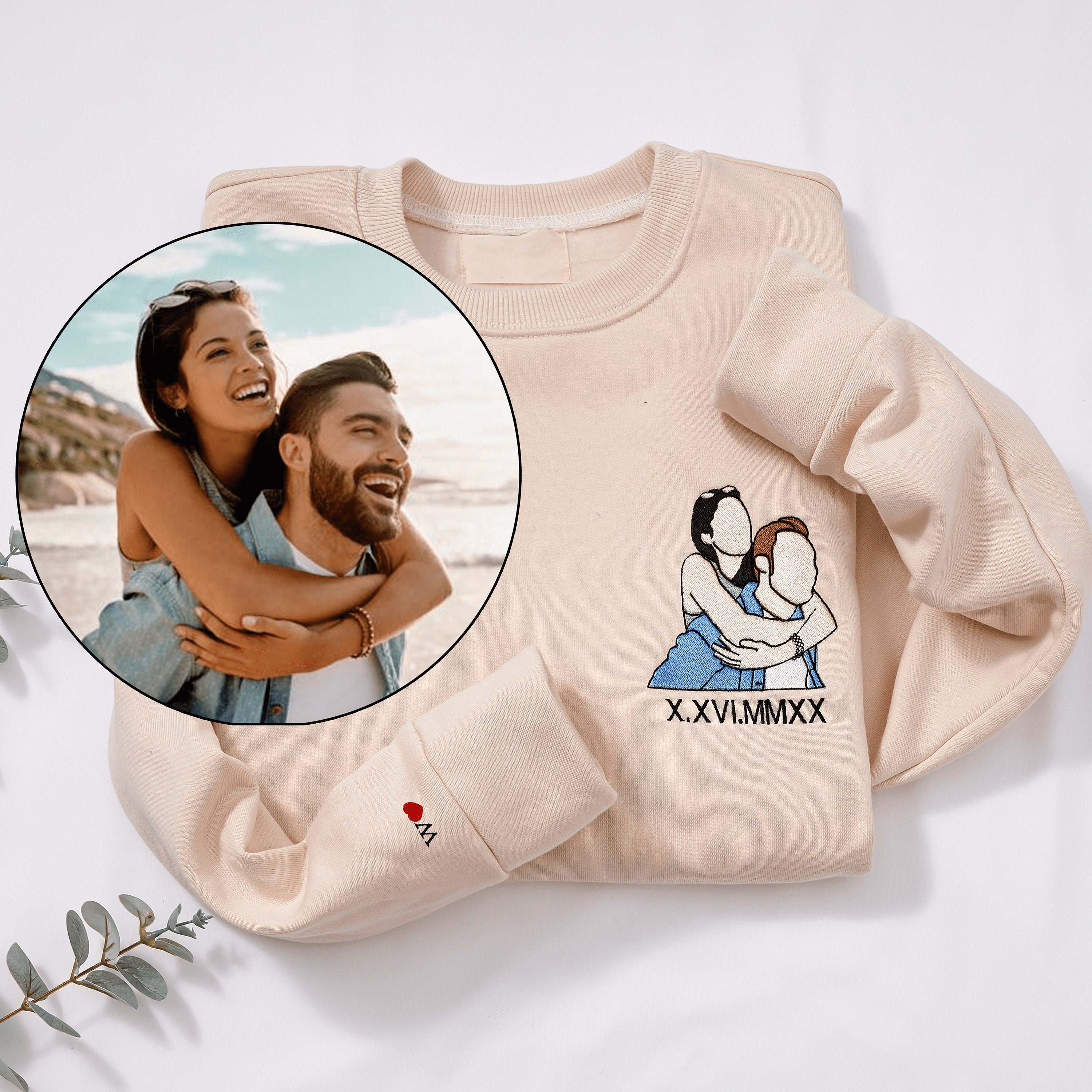 Embroidered Portrait Sweatshirt Hoodie with Special Date Anniversary Gift for Couples