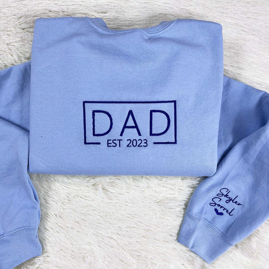 Personalized Embroidered Dad EST Sweatshirt with Kids Names on Sleeve